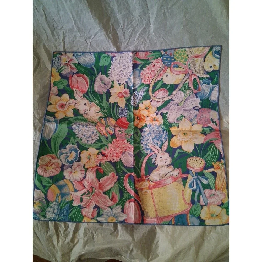 Vintage EASTER Bunny Fabric Napkins 17” Square Tulips Eggs Pastel Set of 3
